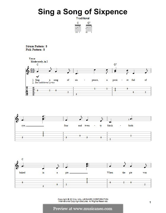 Sing a Song of Sixpence: For guitar with tab by folklore