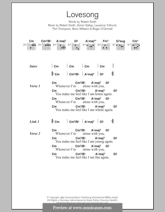 Lovesong (Adele): Lead sheet with guitar chords by Boris Williams, Laurence Tolhurst, Porl Thompson, Robert Gary Smith, Roger O'Donnell, Simon Gallup