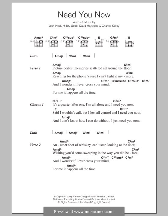 Need You Now: Lead sheet with guitar chords by Charles Kelley, David Haywood, Hillary Dawn Scott, Josh Kear