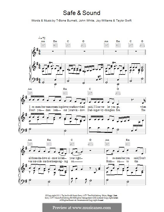 Safe and Sound (Taylor Swift feat. The Civil Wars): For voice and piano (or guitar) by John Paul White, Joy Williams, T-Bone Burnett, Taylor Swift