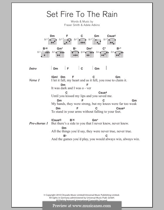 Set Fire to the Rain: Lyrics and chords by Adele, Fraser T. Smith
