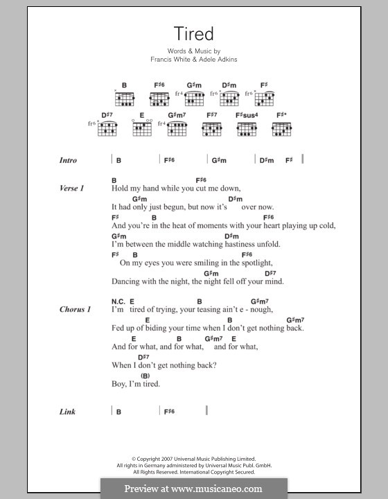 Tired: Lyrics and chords by Adele, Eg White