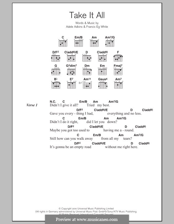 Take It All: Lyrics and chords by Adele, Eg White