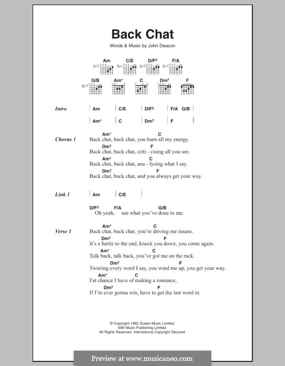 Back Chat (Queen): Lyrics and chords by John Deacon