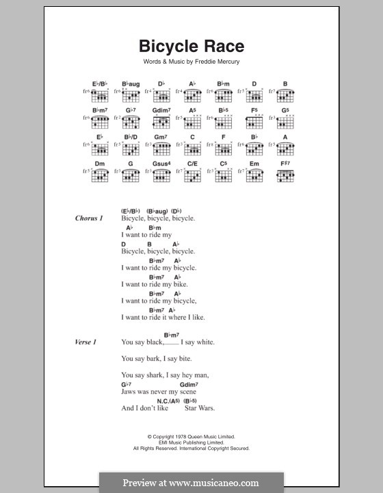 Bicycle Race (Queen): Lyrics and chords by Freddie Mercury