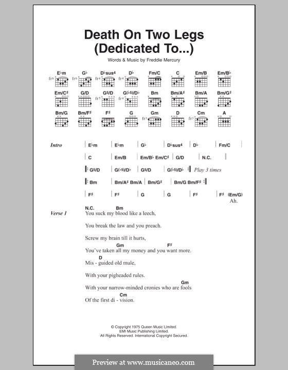 Death on Two Legs (Dedicated To...): Lyrics and chords by Freddie Mercury