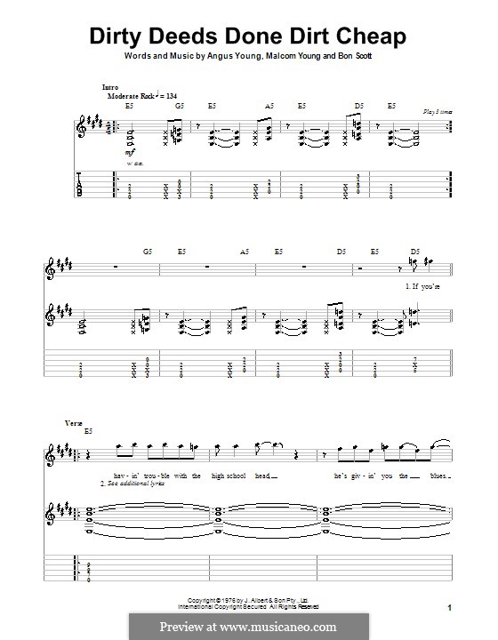 Dirty Deeds Done Dirt Cheap (AC/DC): For guitar with tab by Angus Young, Bon Scott, Malcolm Young