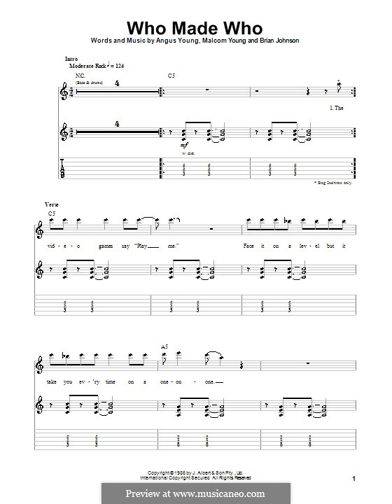 Who Made Who (AC/DC): For guitar with tab by Angus Young, Brian Johnson, Malcolm Young