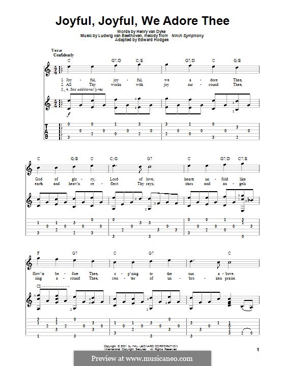 Ode to Joy (Printable scores): Version for guitar by Ludwig van Beethoven
