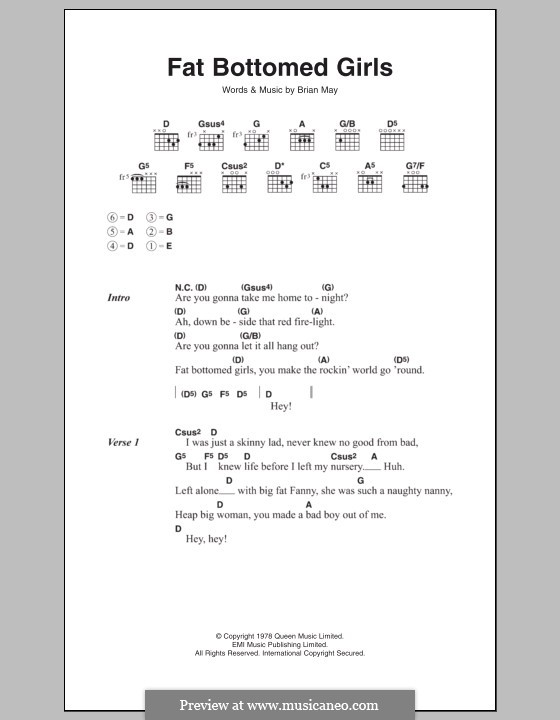 Fat Bottomed Girls: Lyrics and chords (Queen) by Brian May