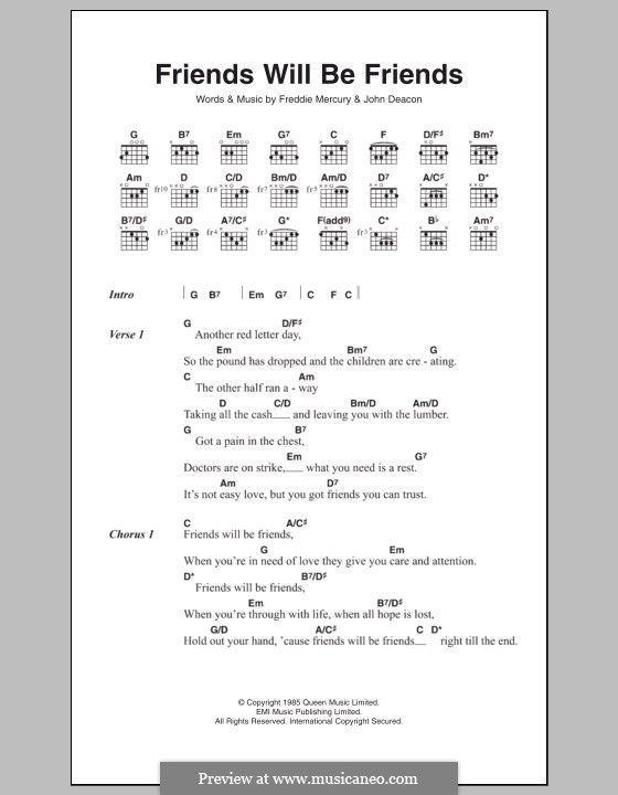 Friends Will Be Friends (Queen): Lyrics and chords by Freddie Mercury, John Deacon