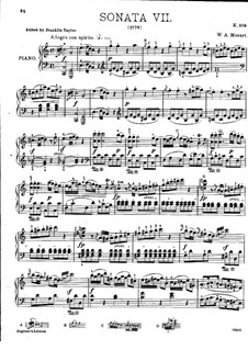 Sonata for Piano No.7 in C Major, K.309: For a single performer by Wolfgang Amadeus Mozart