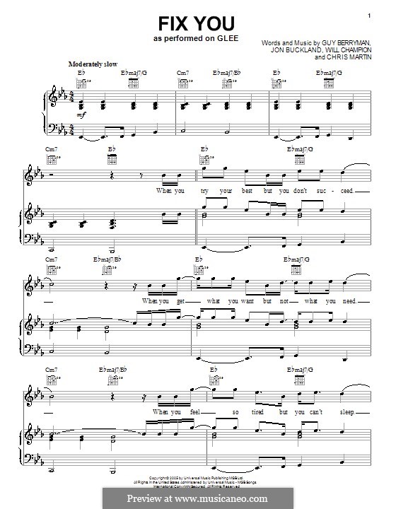 fix you coldplay by c martin g berryman j buckland w fix you piano sheet music