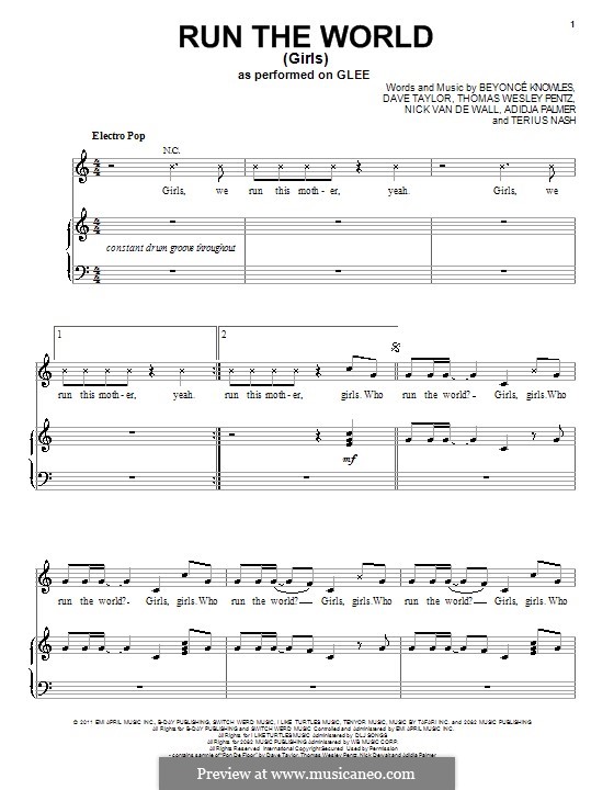 Run the World (Girls): For voice and piano or guitar (Glee Cast) by Beyoncé, Adidja Palmer, Dave Taylor, Nick van de Wall, Terius Nash, Diplo