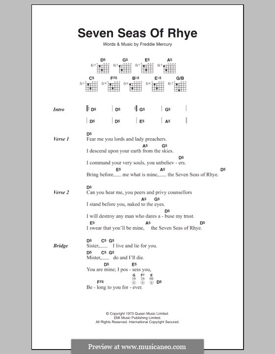 Seven Seas of Rhye (Queen): Lyrics and chords by Freddie Mercury