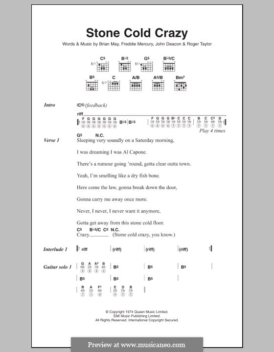 Stone Cold Crazy (Queen): Lyrics and chords by Brian May, Freddie Mercury, John Deacon, Roger Taylor