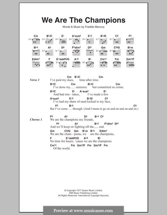 We are the Champions (Queen): Lyrics and chords by Freddie Mercury