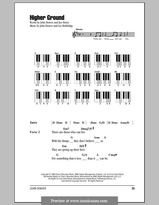 Higher Ground: Lyrics and piano chords by John Denver, Lee Elwood Holdridge