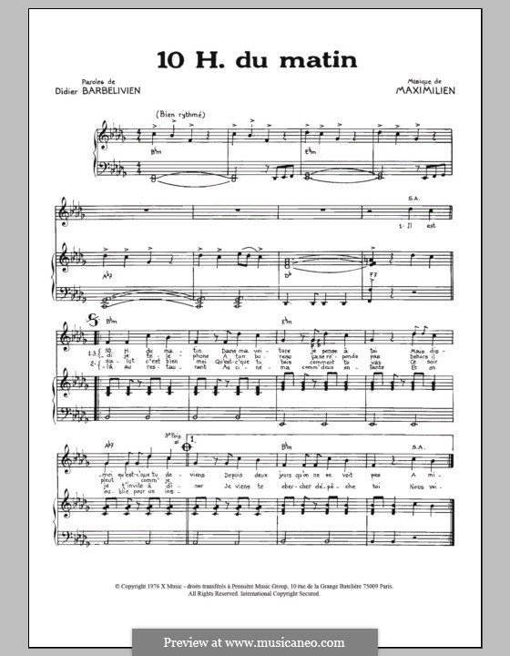 Dix Heures Du Matin: For voice and piano by Maximilien