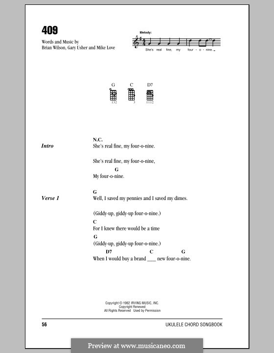 409 (The Beach Boys): For ukulele by Brian Wilson, Gary Usher, Mike Love