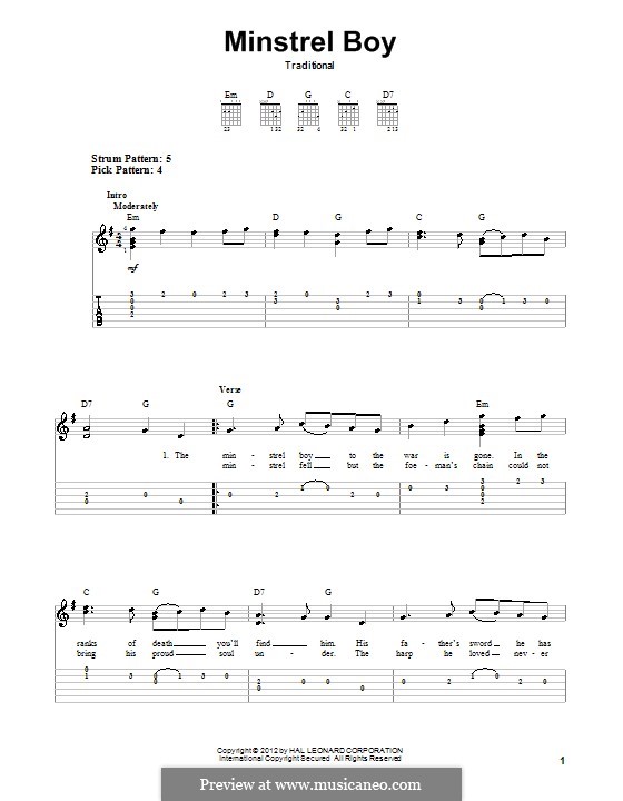 The Minstrel Boy (printable score): For guitar with tab by folklore
