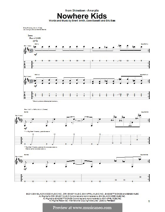 Nowhere Kids (Shinedown): For guitar with tab by Brent Smith, Dave Bassett, Eric Bass