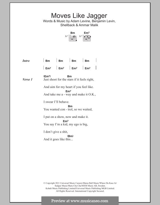 Moves Like Jagger (Maroon 5): Lyrics and chords by Shellback, Adam Levine, Ammar Malik, Benjamin Levin