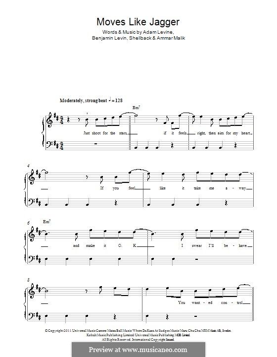 Moves Like Jagger (Maroon 5): For piano by Shellback, Adam Levine, Ammar Malik, Benjamin Levin