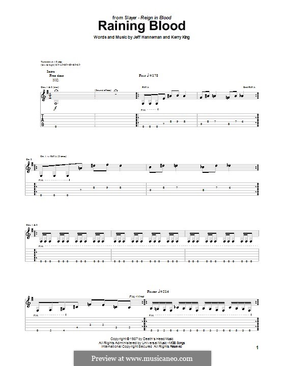 Raining Blood (Slayer): For guitar with tab by Jeffery Hanneman, Kerry King