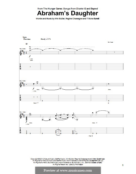 Abraham's Daughter (Arcade Fire): For guitar with tab by T-Bone Burnett, Win Butler, Regine Chassagne