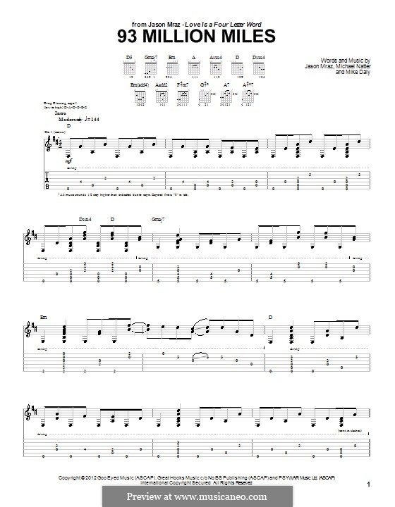 93 Million Miles: For guitar with tab by Jason Mraz, Michael Natter, Mike Daly