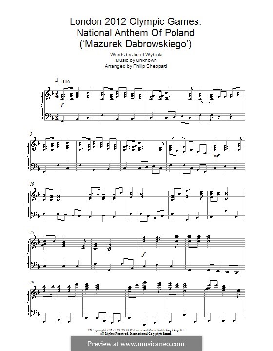 National Anthem of Poland (Mazurek Dabrowskiego): For piano by Michal Kleofas Oginski