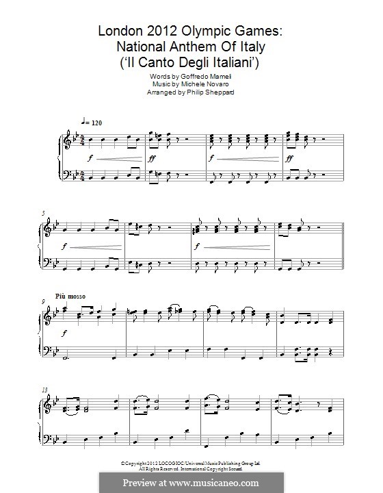 Inno Di Mameli (Italian National Anthem): For piano by Michele Novaro