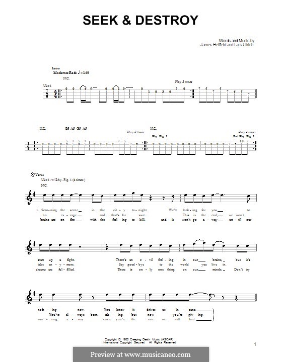 Seek and Destroy (Metallica): For ukulele by James Hetfield, Lars Ulrich