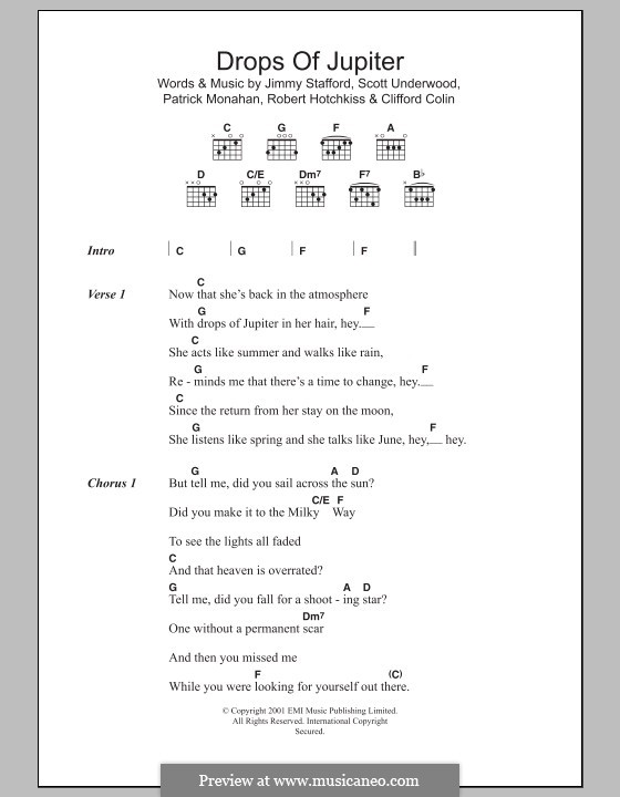 Drops of Jupiter / Tell Me (Train): Lead sheet by Charlie Colin, Jimmy Stafford, Patrick Monahan, Rob Hotchkiss, Scott Underwood