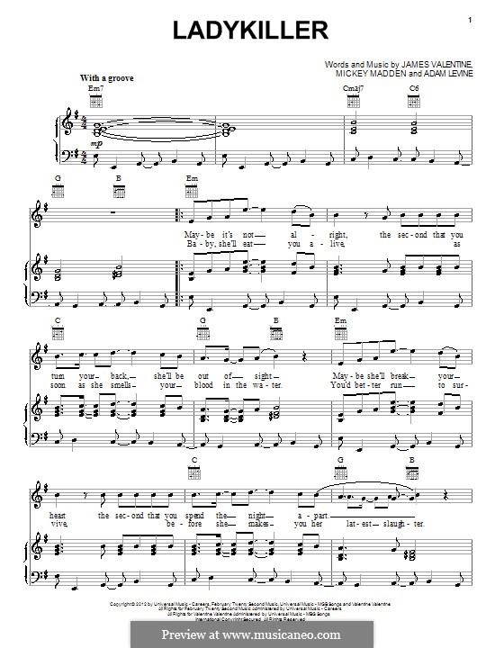 Ladykiller (Maroon 5): For voice and piano (or guitar) by Adam Levine, James Valentine, Mickey Madden