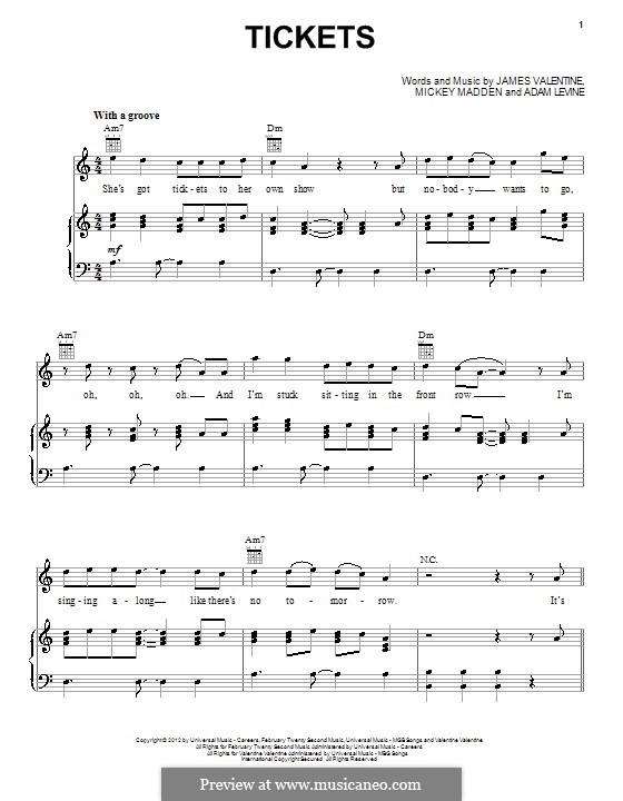 Tickets (Maroon 5): For voice and piano (or guitar) by Adam Levine, James Valentine, Mickey Madden