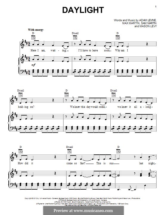 Daylight (Maroon 5): For voice and piano (or guitar) by Adam Levine, Mason Levy, Max Martin, Sam Martin
