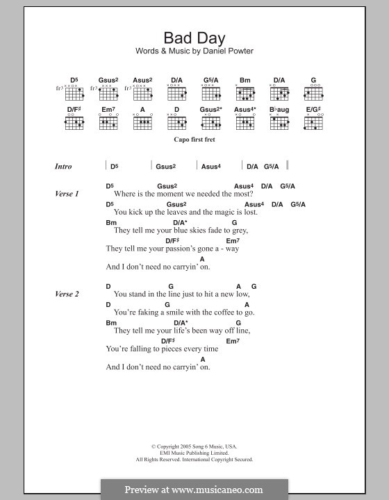 Bad Day: Lead sheet by Daniel Powter