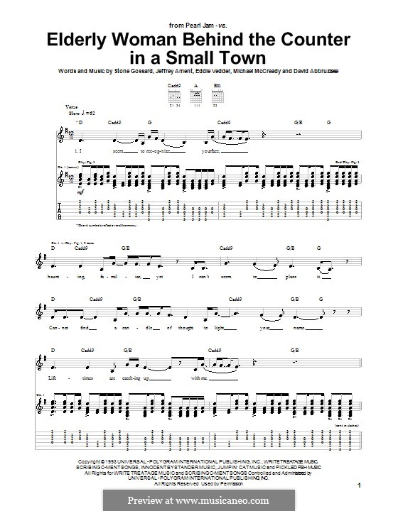 Elderly Woman Behind the Counter in a Small Town (Pearl Jam): For guitar with tab by David Abbruzzese, Eddie Vedder, Jeff Ament, Mike McCready, Stone Gossard