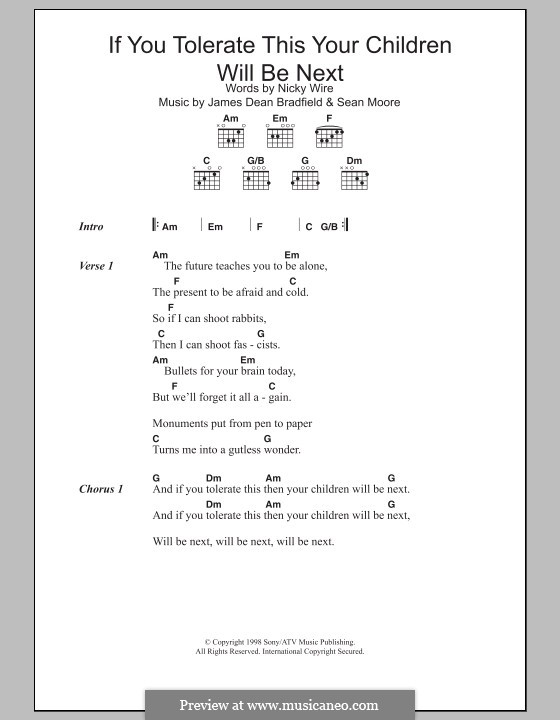 If You Tolerate This Your Children Will Be Next (The Manic Street Preachers): Lead sheet by James Dean Bradfield, Sean Moore