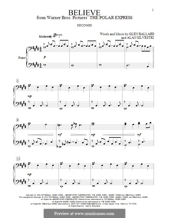 Believe (from The Polar Express): For piano four hands by Alan Silvestri, Glen Ballard