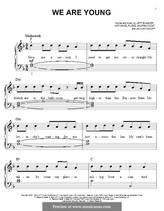 We Are Young: For piano by Jeff Bhasker, Jack Antonoff, Andrew Dost, Nathaniel Ruess