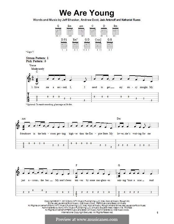 We Are Young: For guitar with tab by Jeff Bhasker, Jack Antonoff, Andrew Dost, Nathaniel Ruess