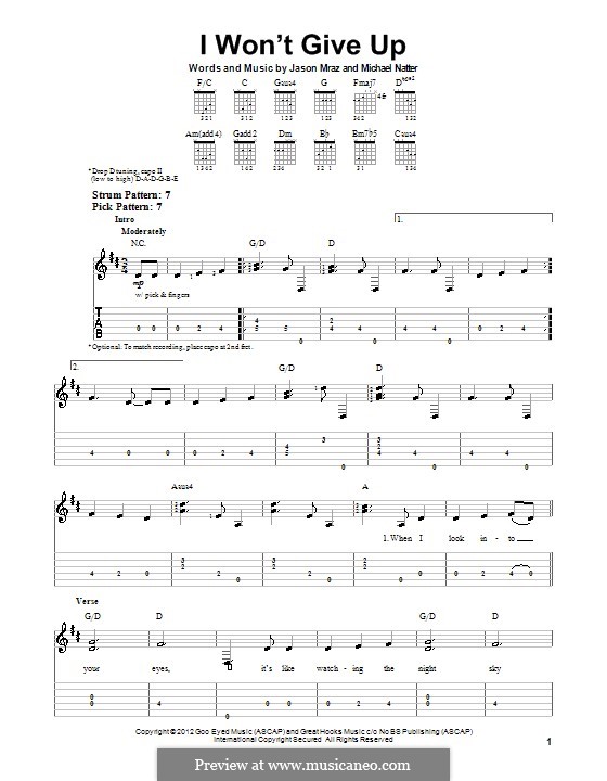 I Won't Give Up: For guitar with tab by Jason Mraz, Michael Natter