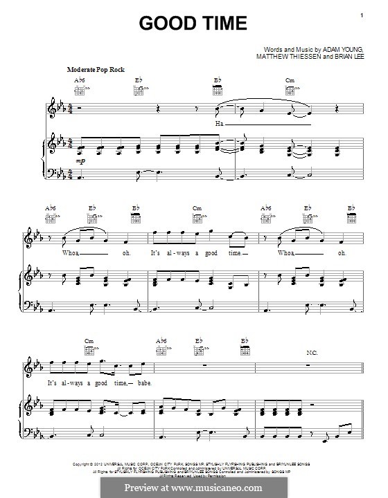 Good Time (Owl City): For voice and piano (or guitar) by Adam Young, Brian Lee, Matt Thiessen