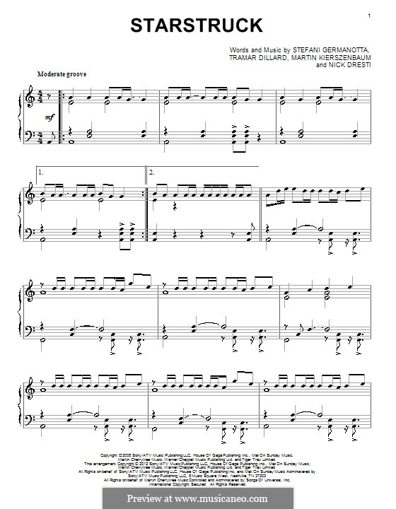 Starstruck (Lady Gaga): For piano by Martin Kierszenbaum, Nick Dresti, Stefani Germanotta, Flo Rida