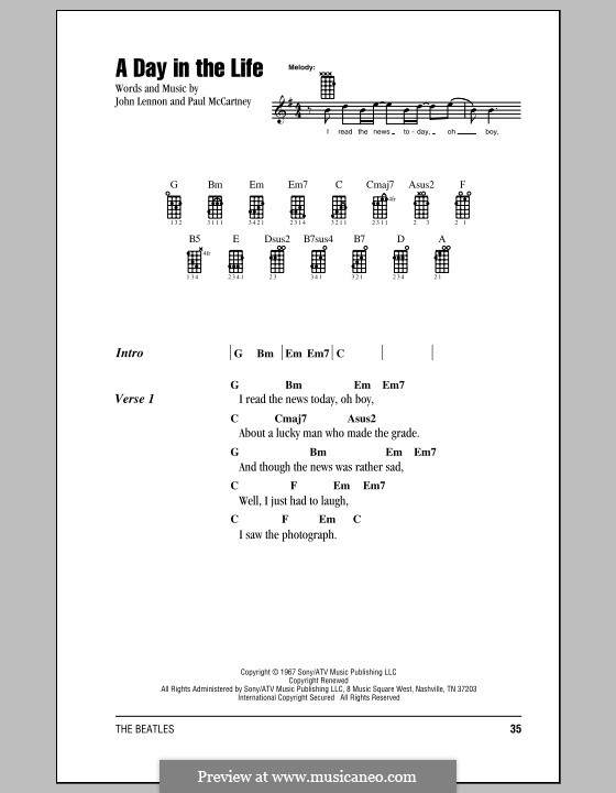 A Day in the Life (The Beatles): For ukulele by John Lennon, Paul McCartney