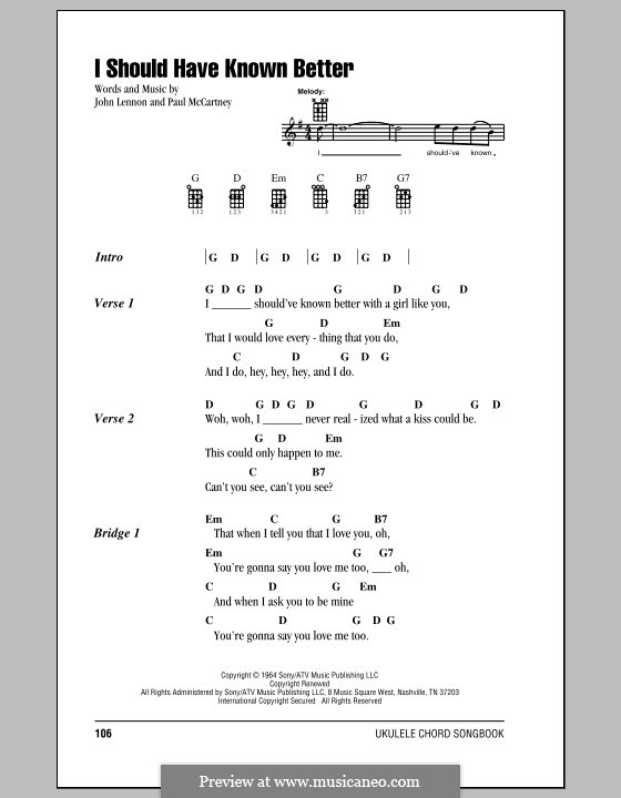 I Should Have Known Better (The Beatles): For ukulele by John Lennon, Paul McCartney