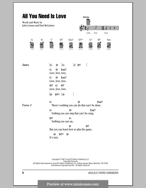 All You Need Is Love (The Beatles): For ukulele by John Lennon, Paul McCartney